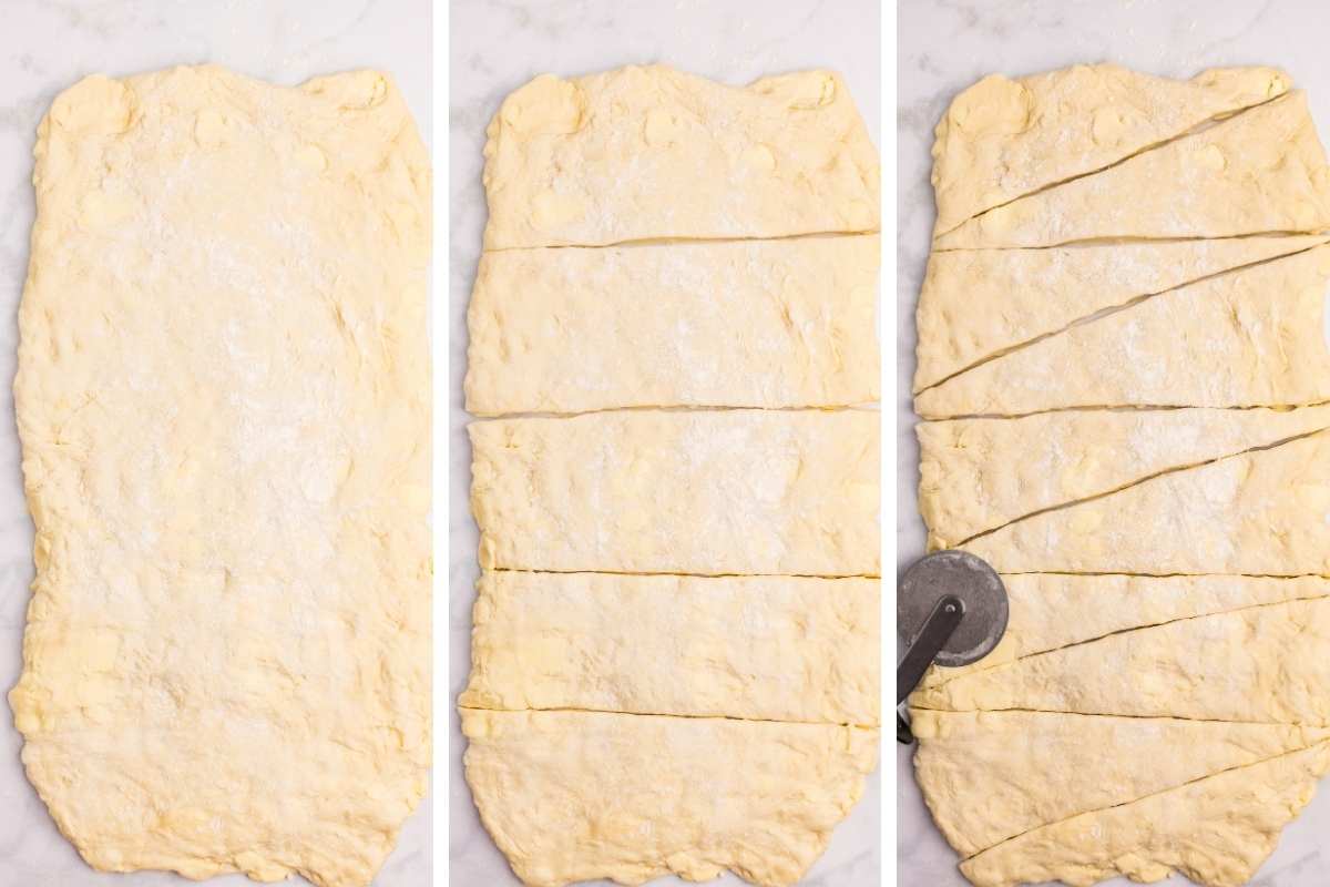 Dough rolled and cut into strips with a pizza cutter.