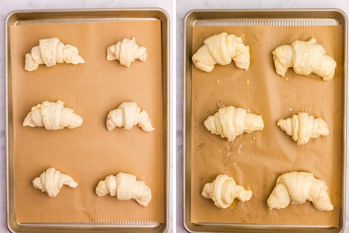 Croissants risen and brushed with egg wash before baking.