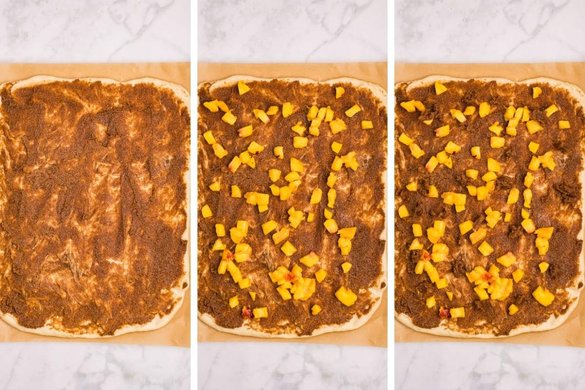 Three stages of dough topped with filling and chopped peaches.