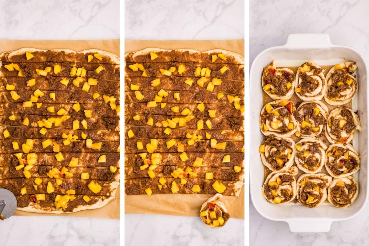 Dough spread with filling, peaches added, and rolls in baking dish.