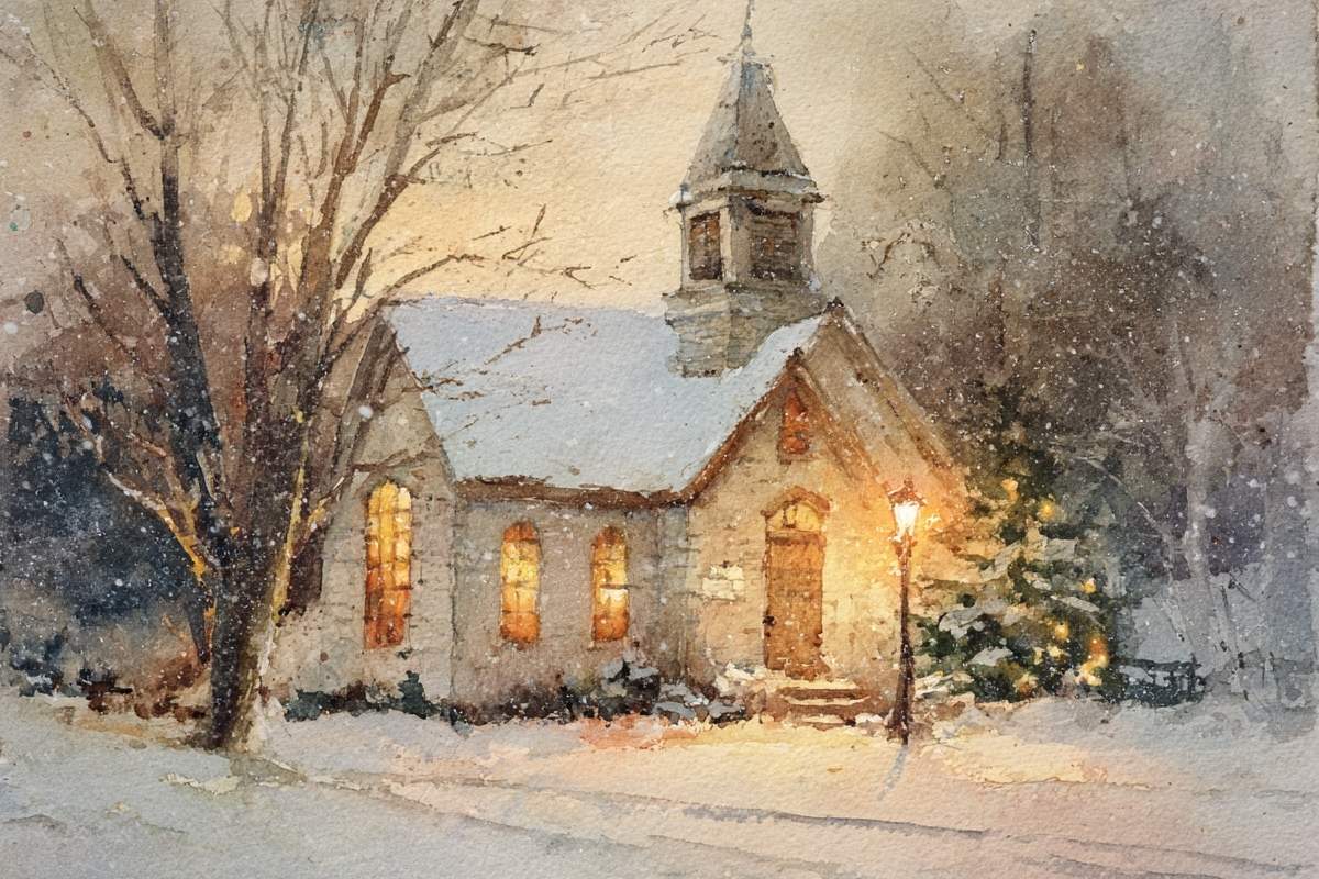 white church in the snow.