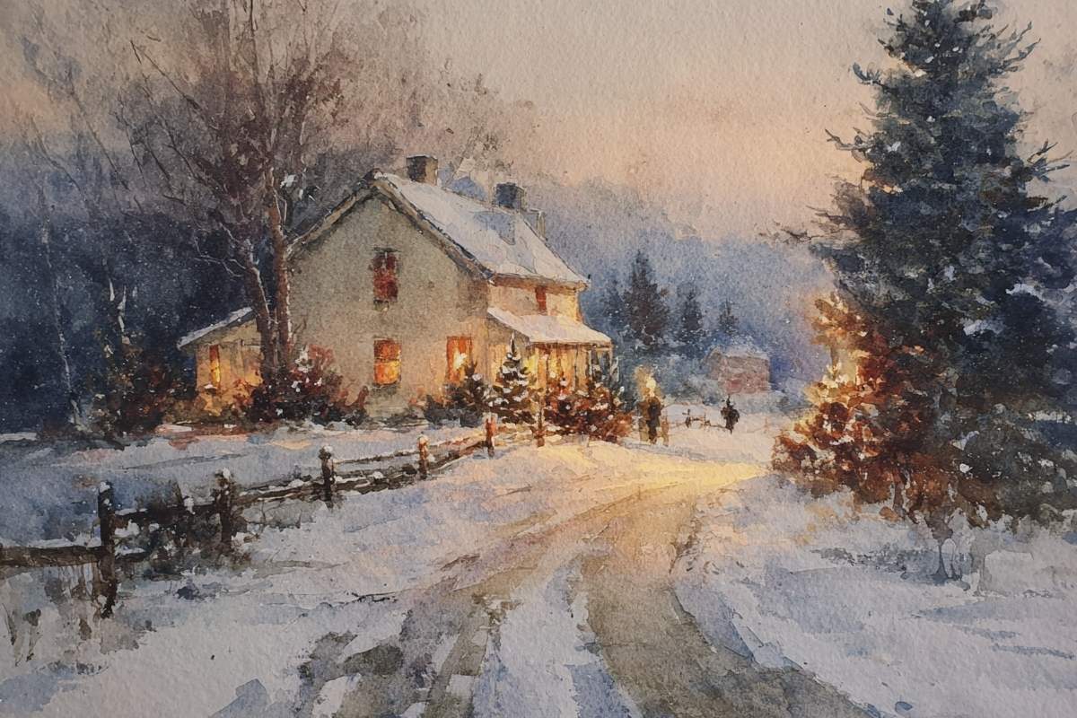 A farmhouse porch with a wreath and garland in the snow.