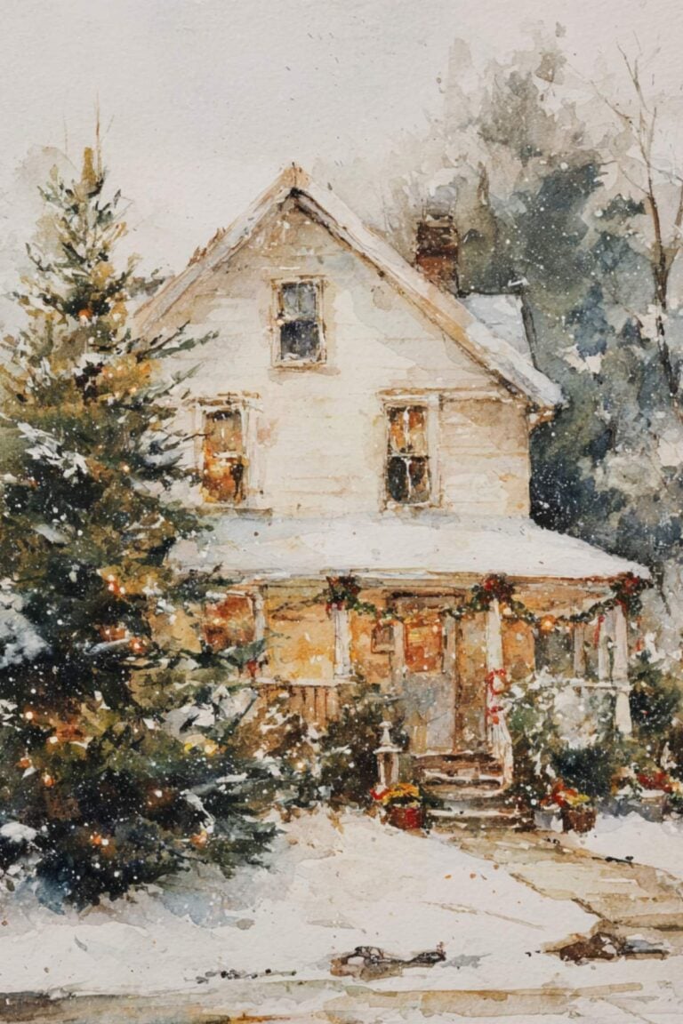 A country house with Christmas lights and snow-covered trees.