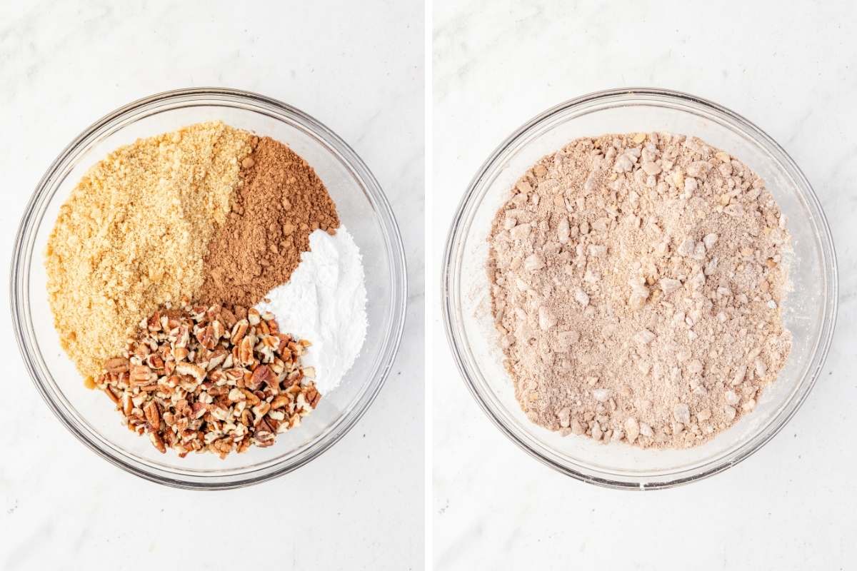 Dry ingredients combined in a glass bowl.
