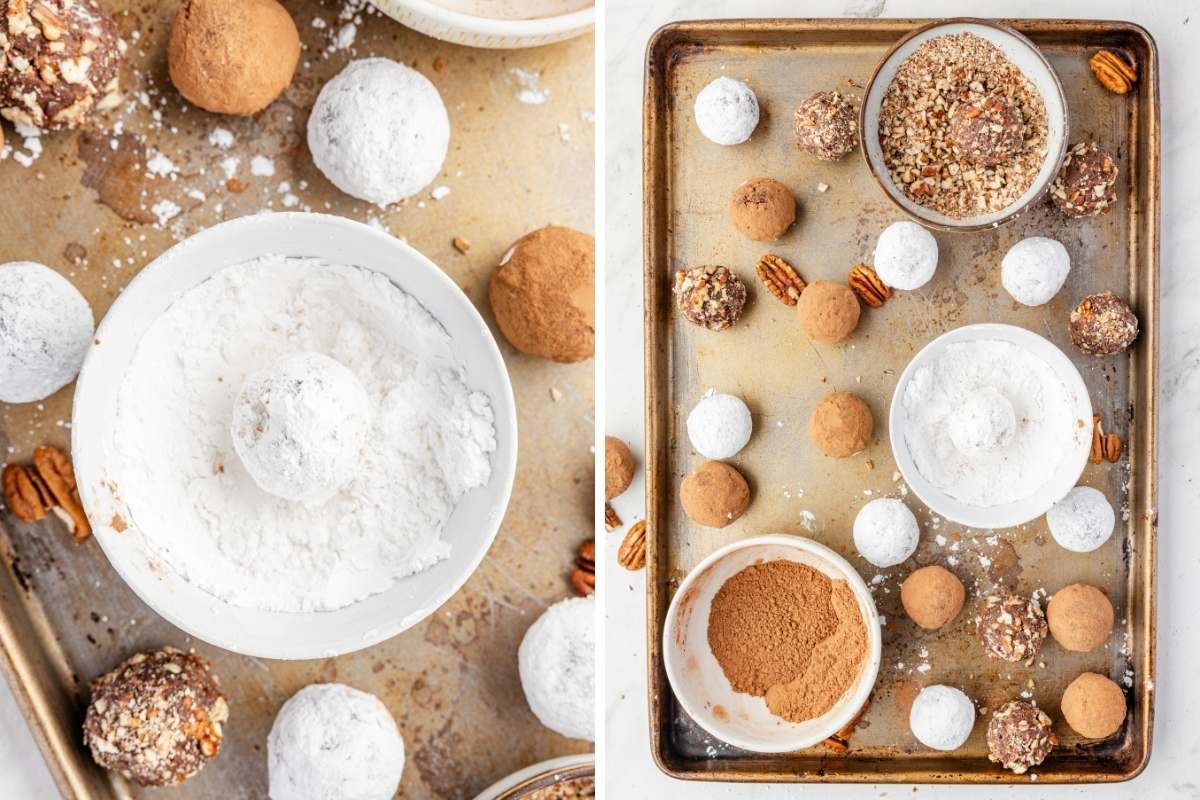 Bourbon balls being rolled in powdered sugar and cocoa on a sheet pan.