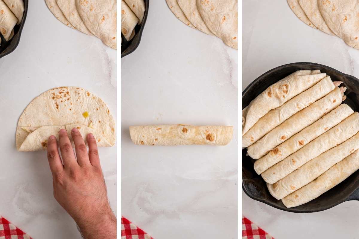 (3 image collage)
Filling rolled inside a tortilla.
Single rolled tortilla on countertop.
Rolled enchiladas arranged in a skillet.