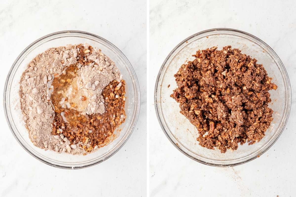 Mixing wet and dry ingredients for bourbon balls in a glass bowl.