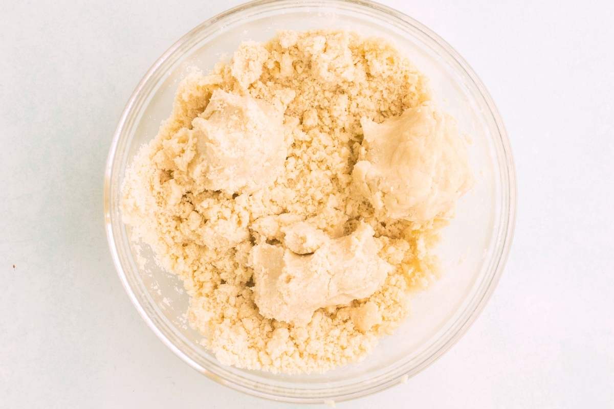 crumbly shortbread dough in mixing bowl.