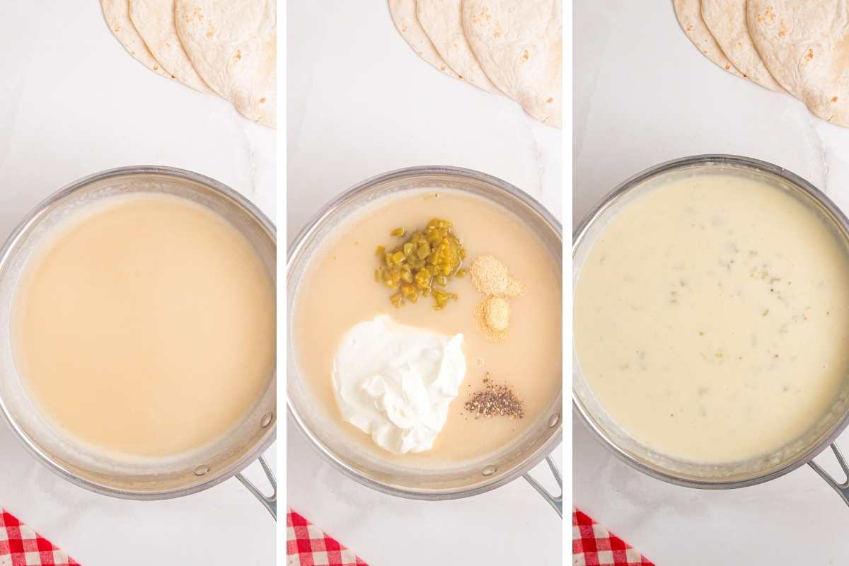 Thickened broth mixture in saucepan. Sour cream, green chiles, and seasonings added to pan. Creamy sauce stirred until smooth.
