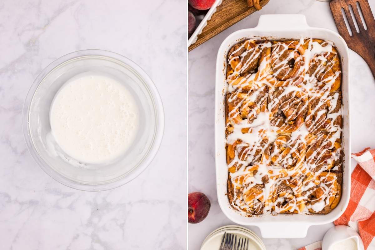 Bowl of icing and pan of baked rolls drizzled with glaze.