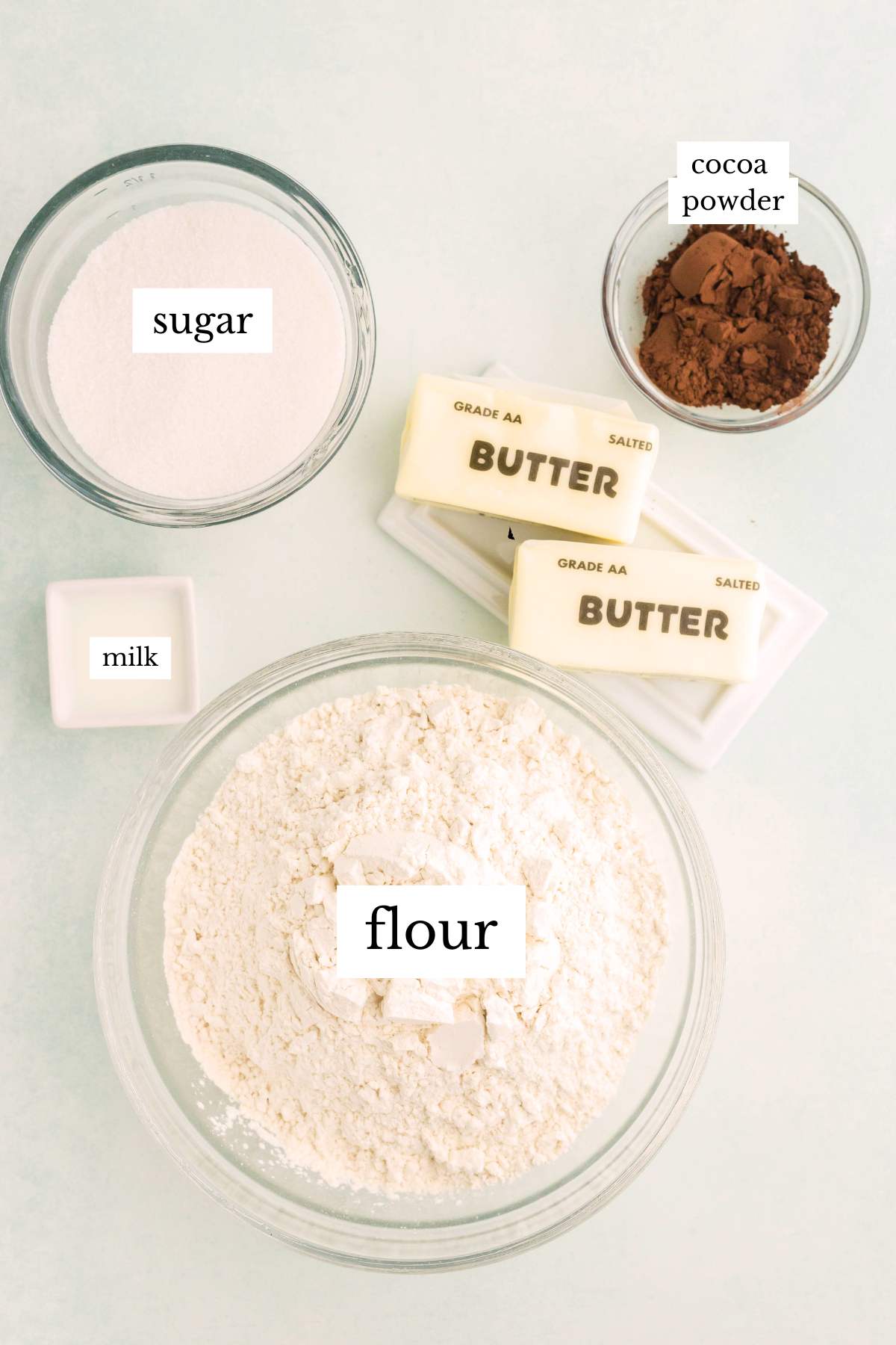 ingredients on white counter, labeled.