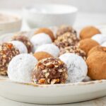 closeup of plated bourbon balls.