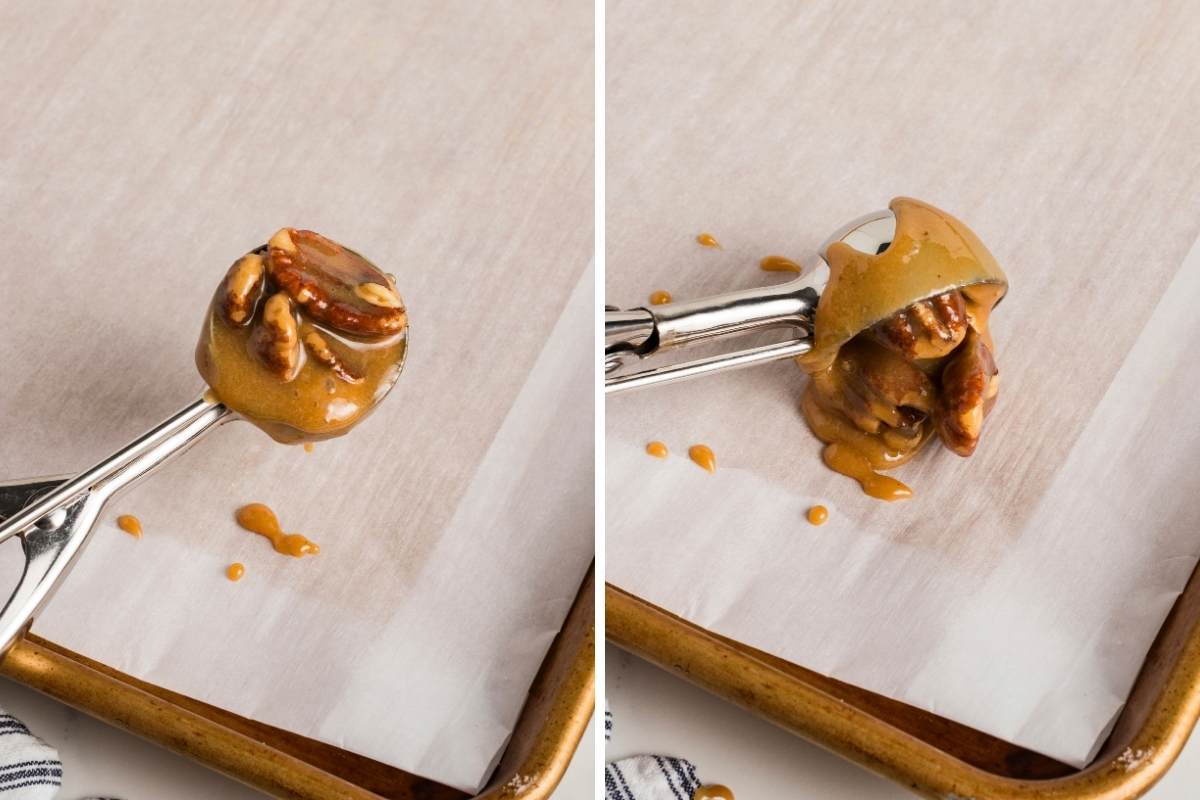 Small scoop holding warm praline mixture over parchment paper.