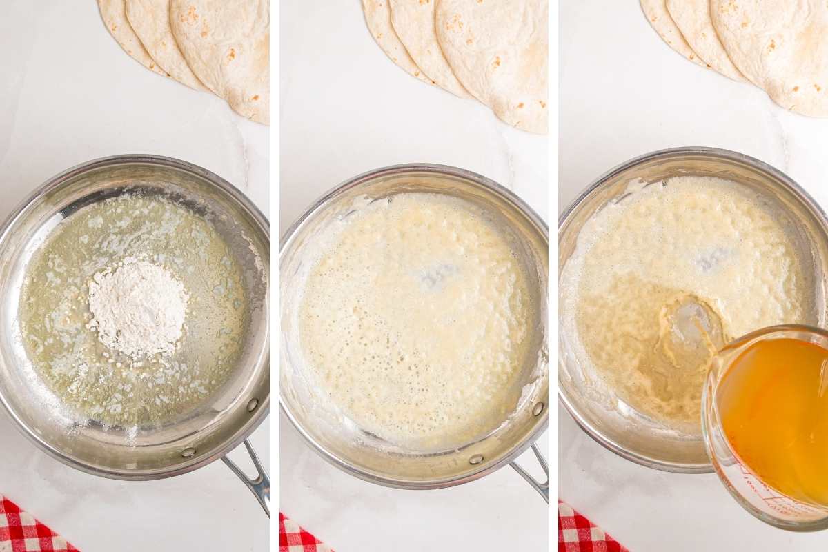 (3 image collage: butter and flour)
Butter melted in saucepan.
Flour whisked into melted butter.
Chicken broth being poured into roux.