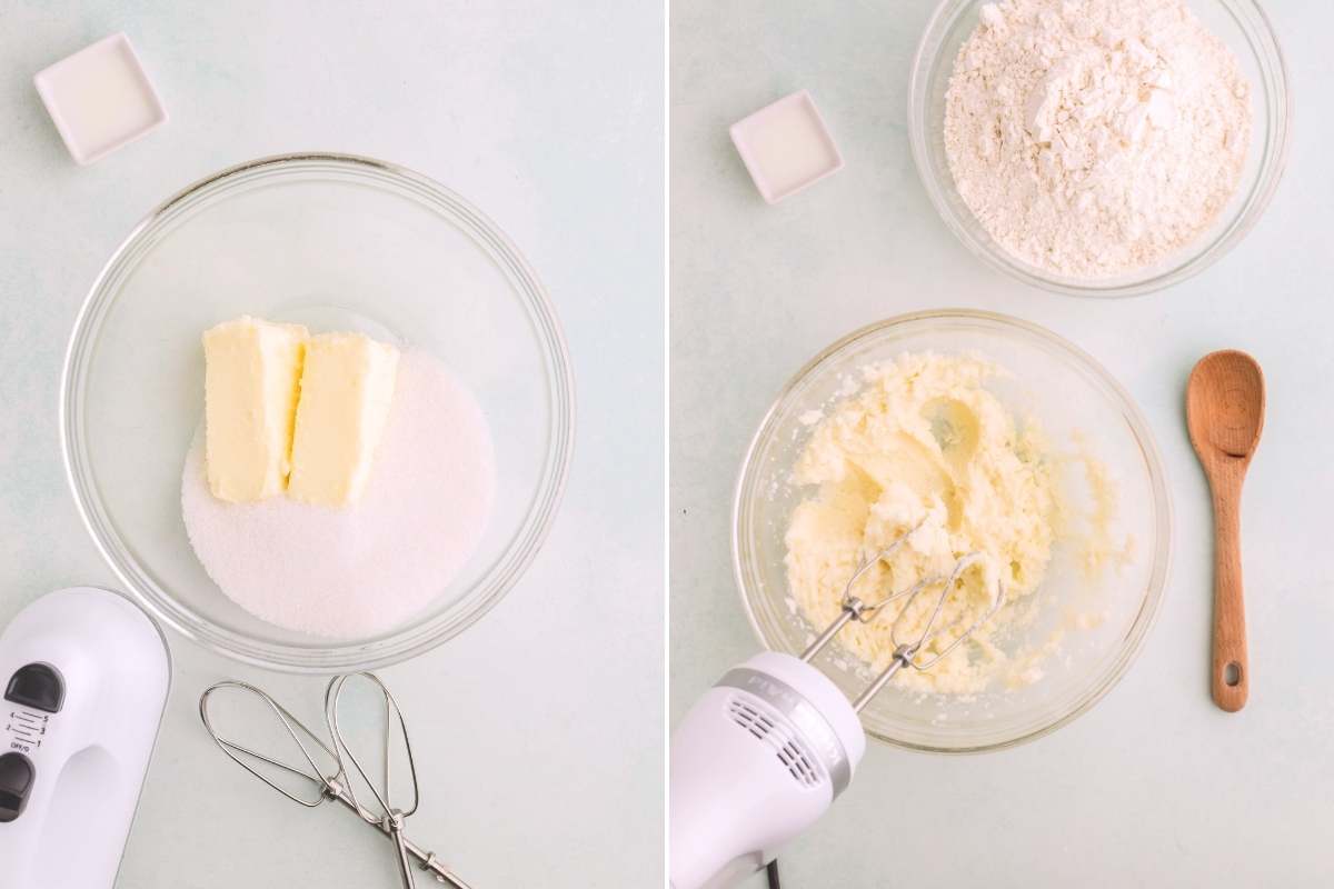 Butter and sugar being creamed together with hand mixer in a bowl.