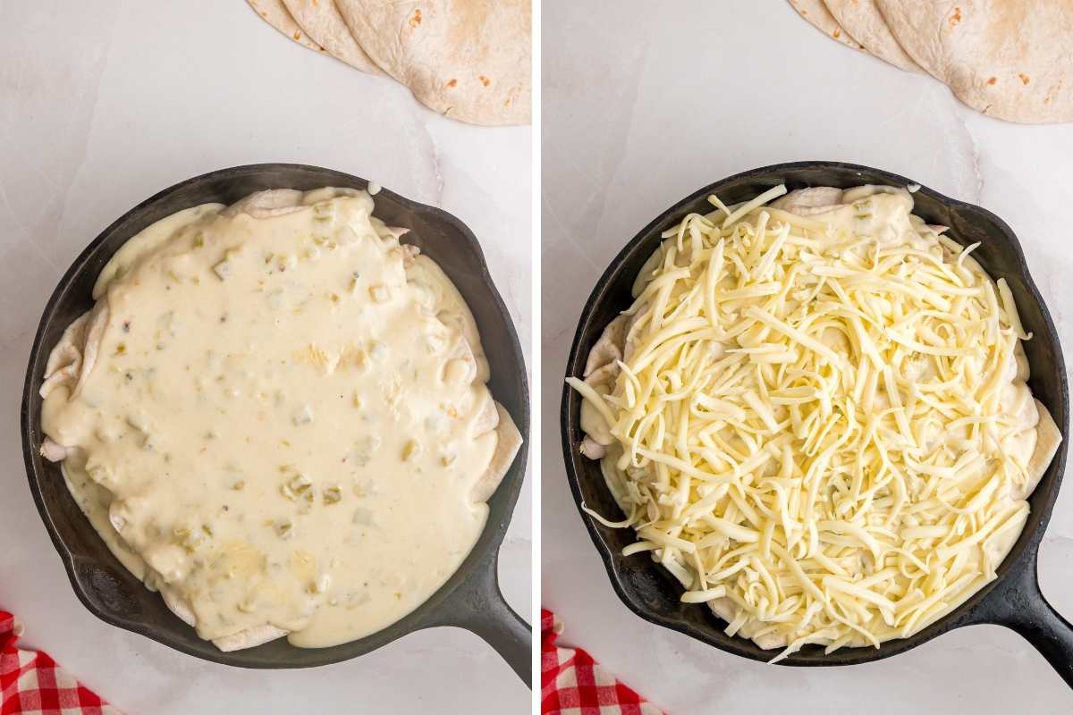 Skillet of rolled enchiladas covered in sauce.
Skillet of enchiladas topped with shredded cheese before baking.