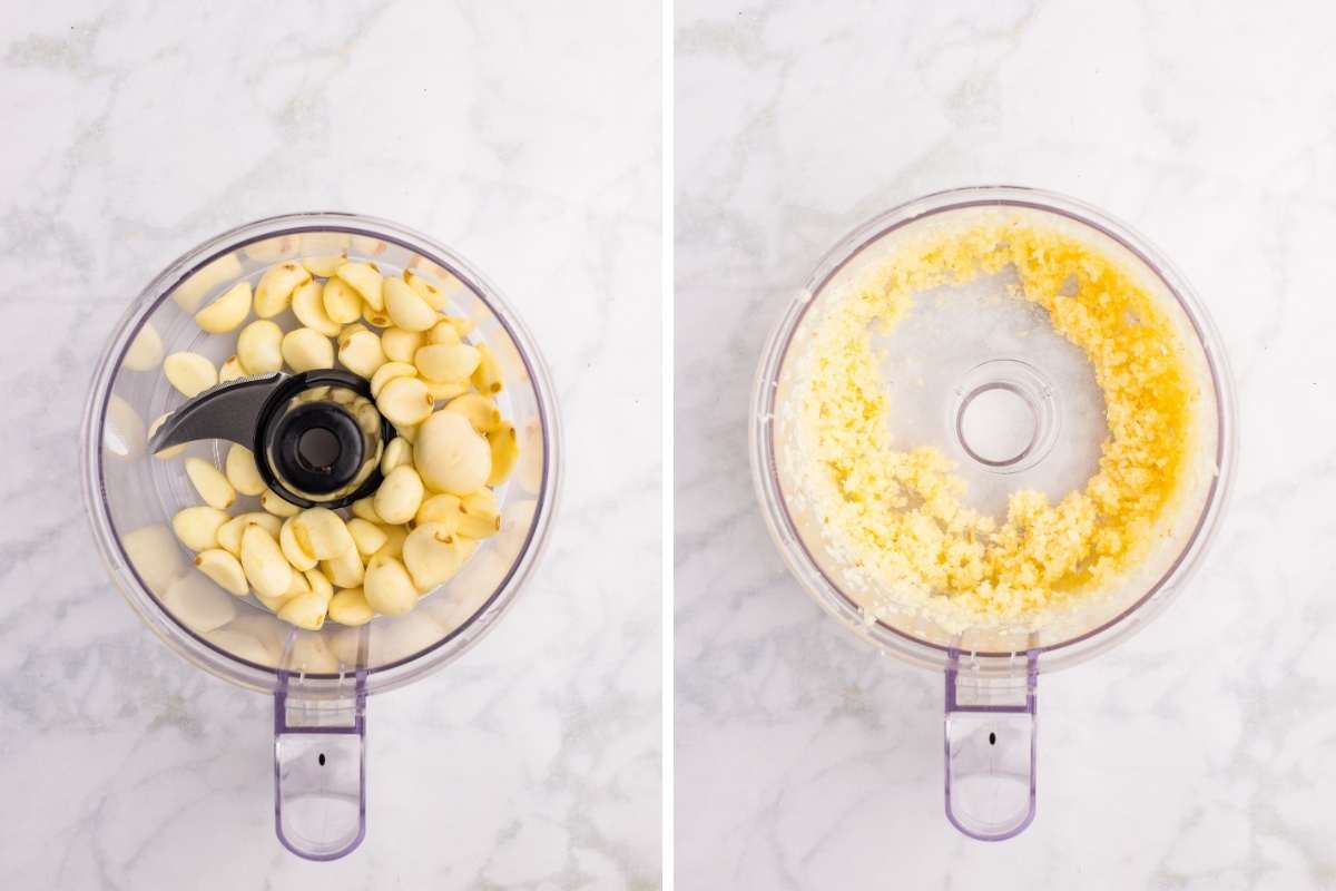 Garlic cloves in food processor before and after chopping.