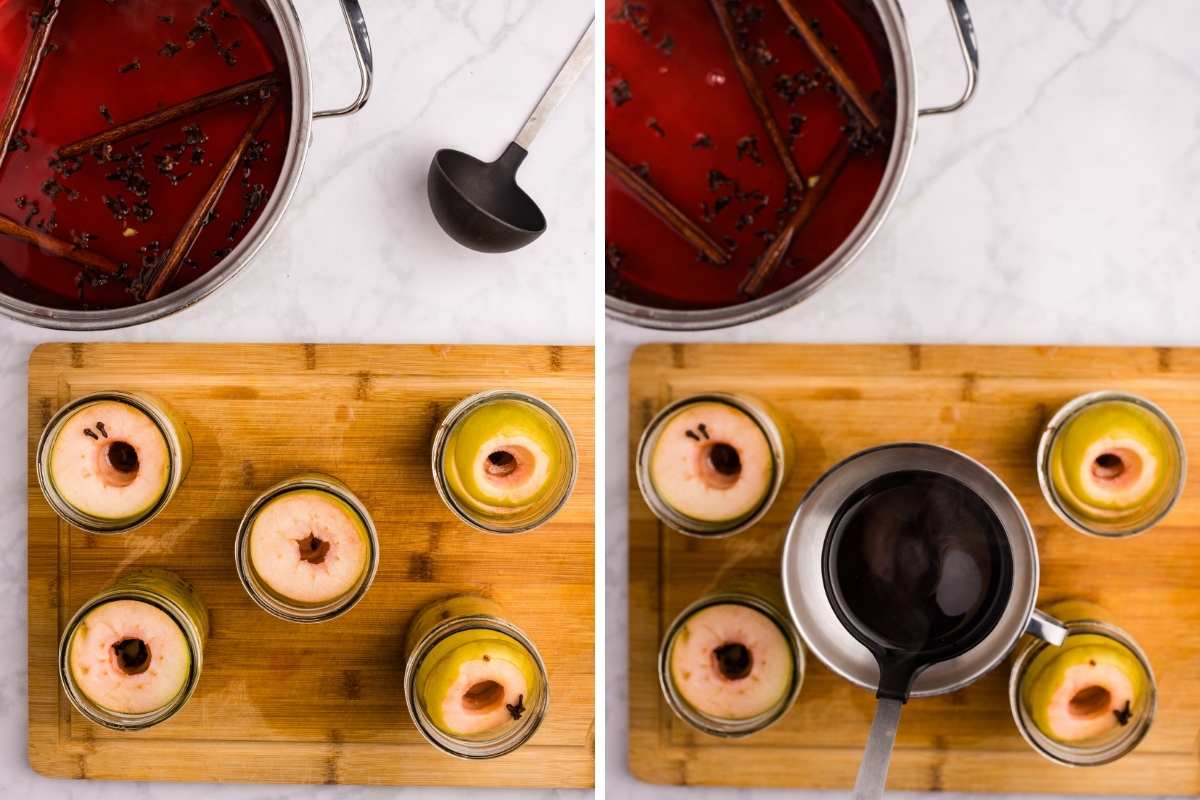 Hot spiced syrup being poured over apple rings in jars.