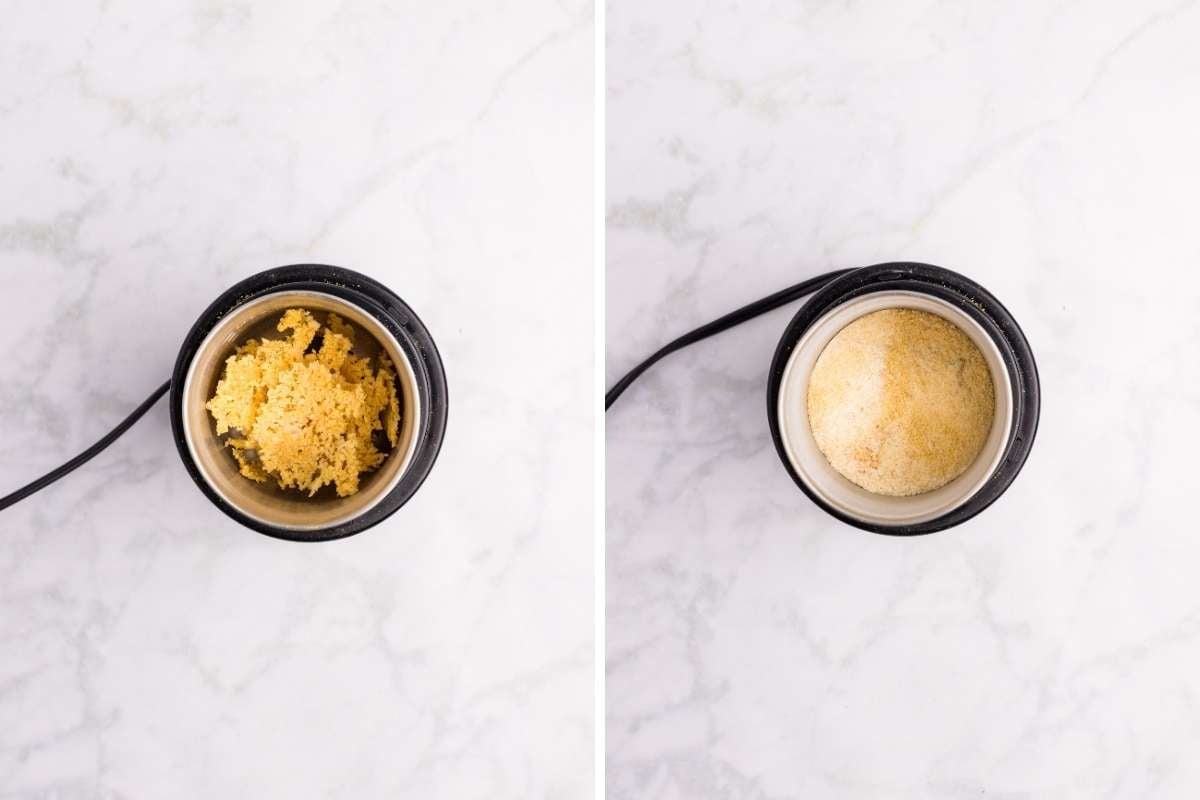 Dried garlic pieces in a grinder before and after grinding.