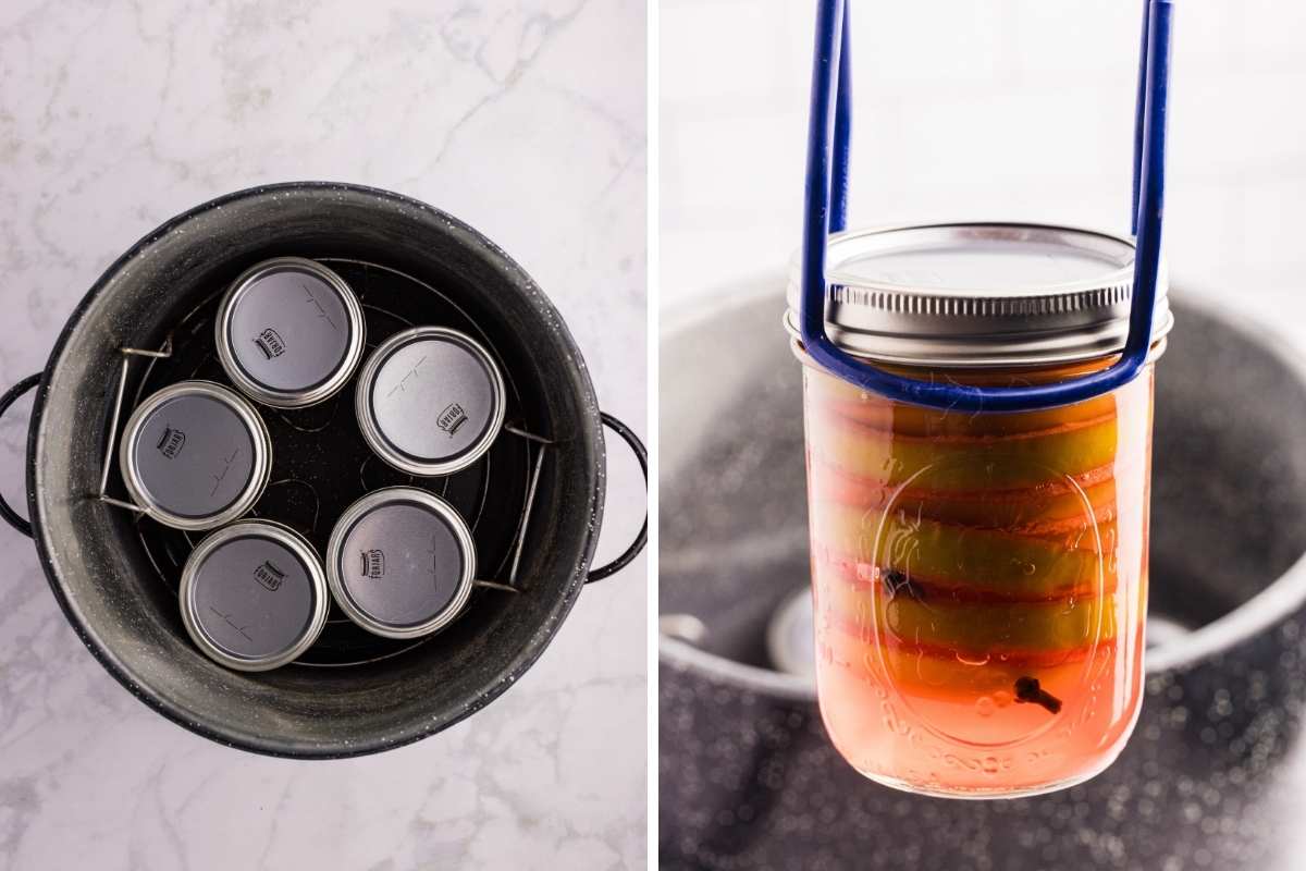 Closed jars sitting in a water bath canner.
