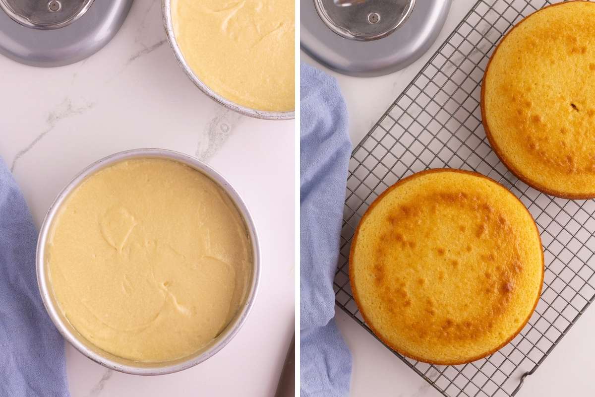cake pans before and after baking.