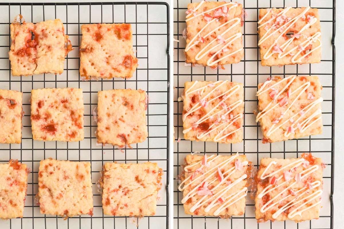 Baked cookies on a rack, drizzled with white chocolate and candy pieces.