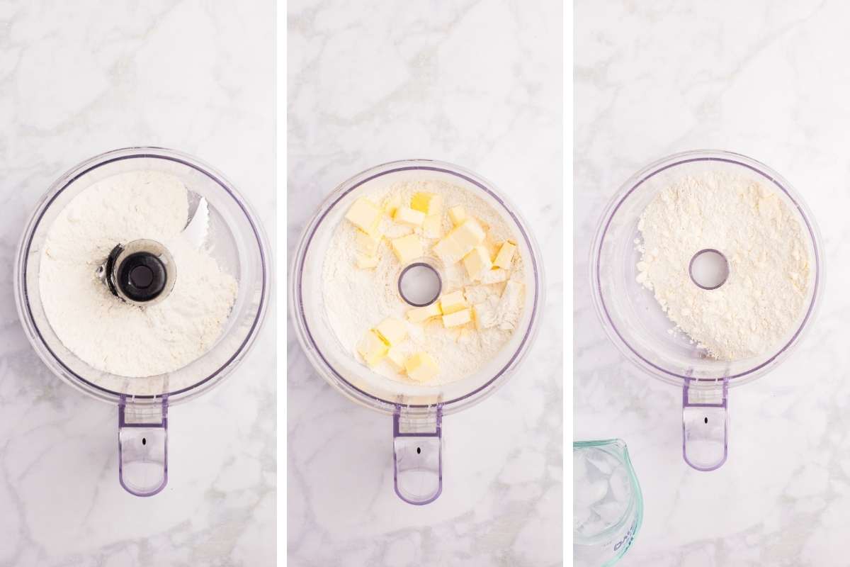 process of combining butter and flour in food processor.