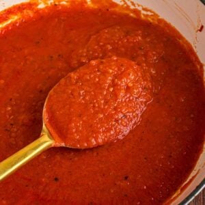 spoonful of marinara in pot.