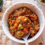 close up of tomato jam in white bowl.