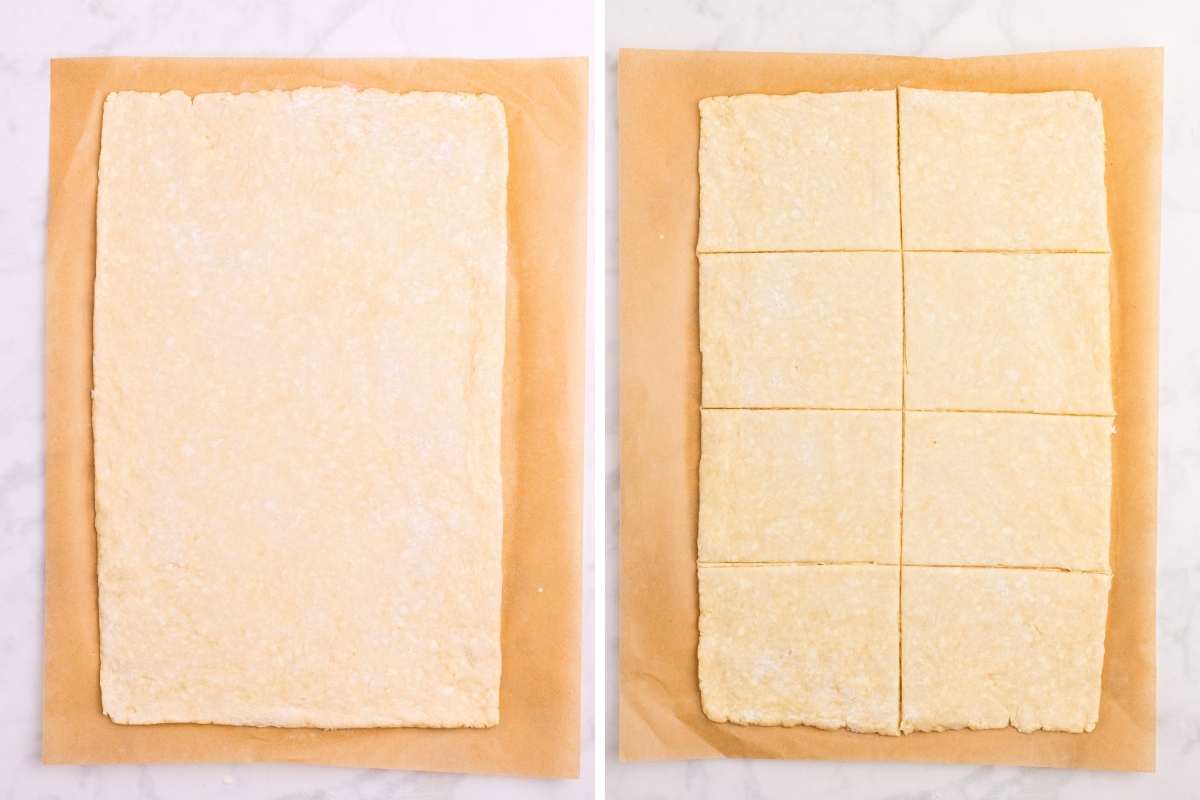 rectangle of dough before and after cutting.