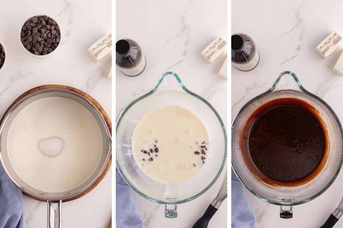 cream and sugar in saucepan then poured over chocolate.