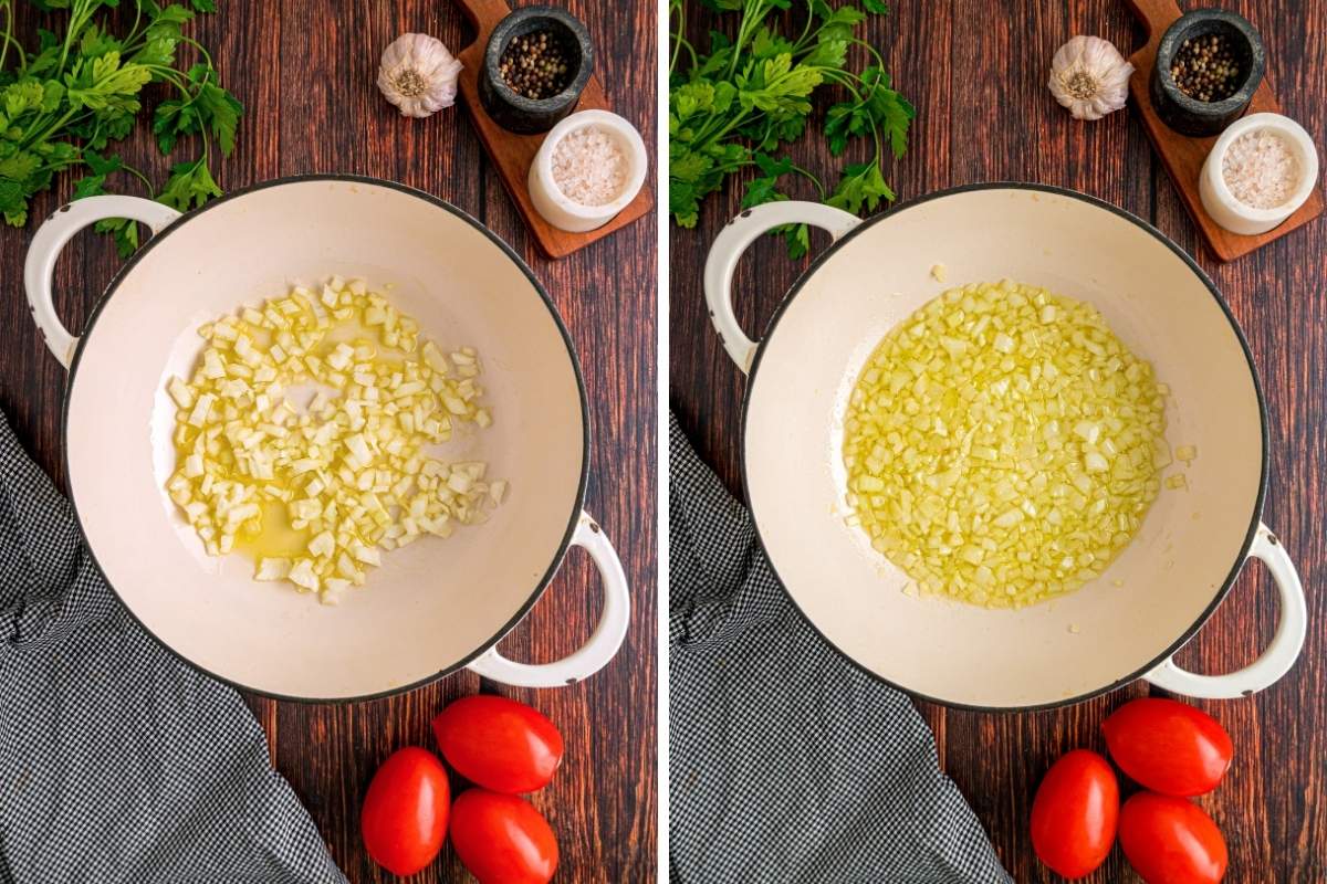 Chopped yellow onions sautéing in olive oil until soft and translucent.