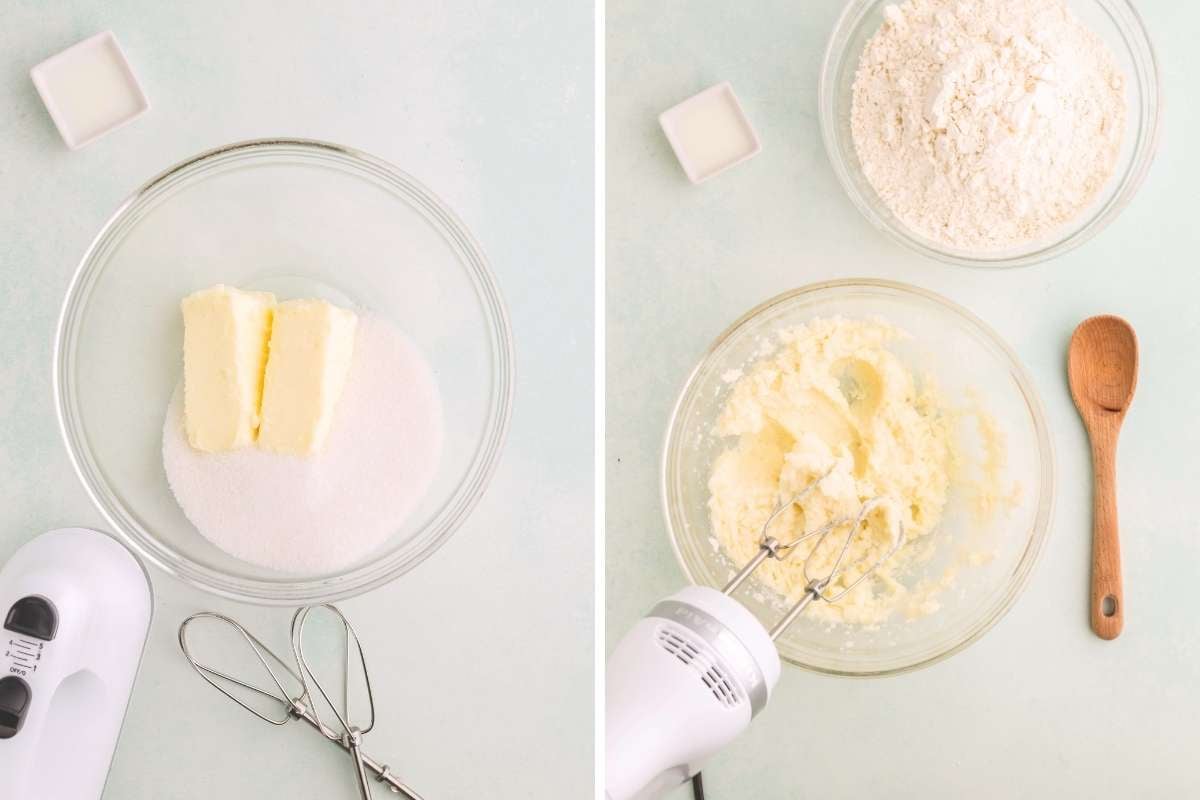 Butter and sugar in a bowl beside a hand mixer.