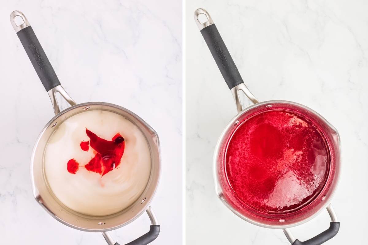 saucepan with candy ingredients before and after melting.