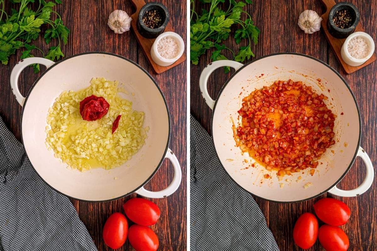 Tomato paste added to sautéed onions and stirred until combined in a pot.