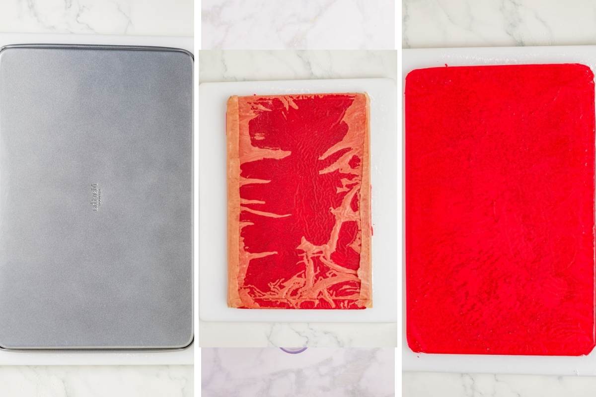 Collage of three images:
- An upside-down baking pan
- Parchment paper
- An empty red candy shelf