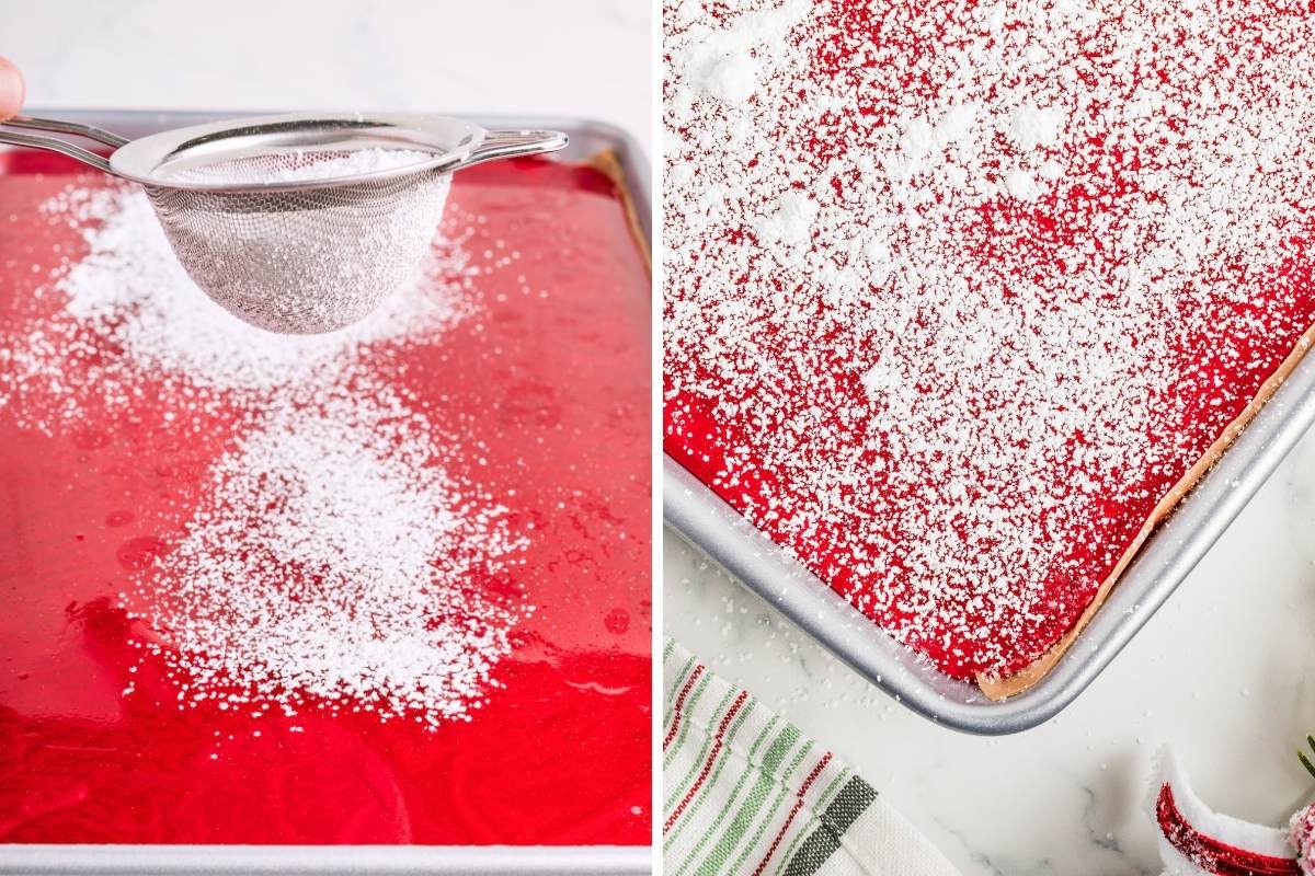 Collage of two images showing the process of dusting with powdered sugar.