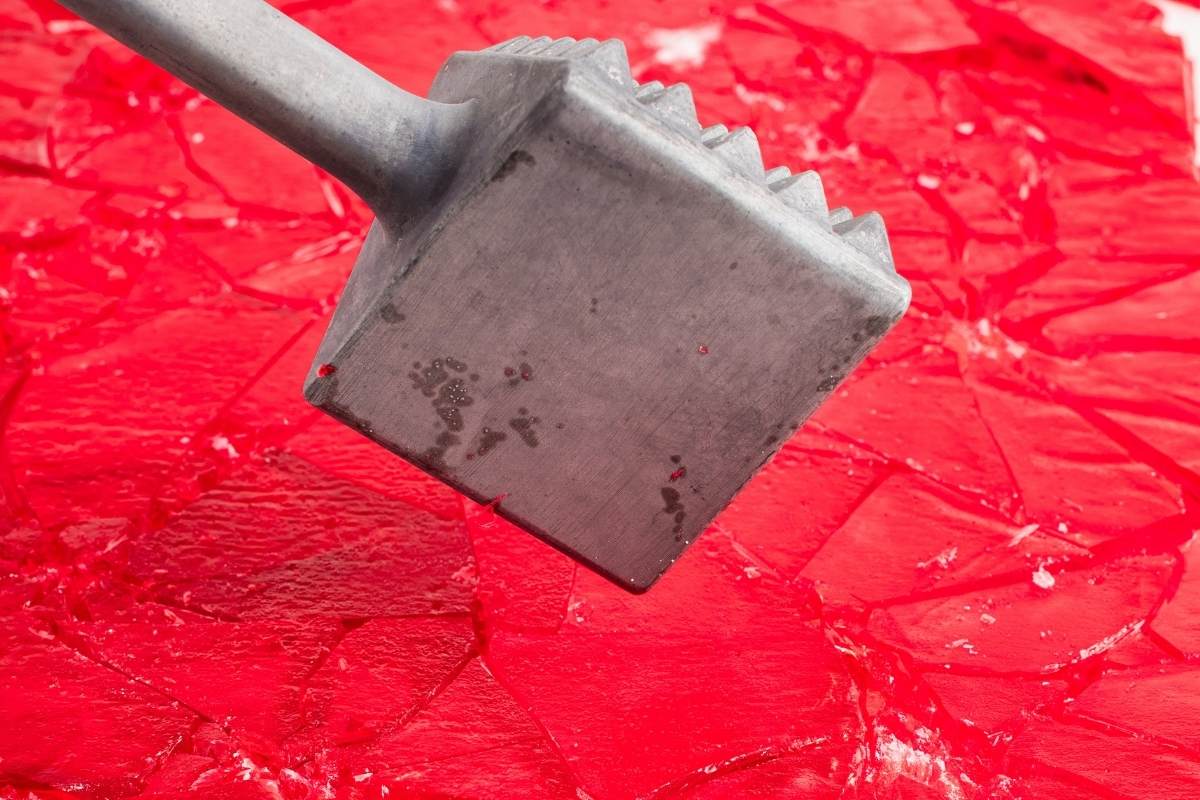 Candy after being smashed with a metal meat mallet into shards.