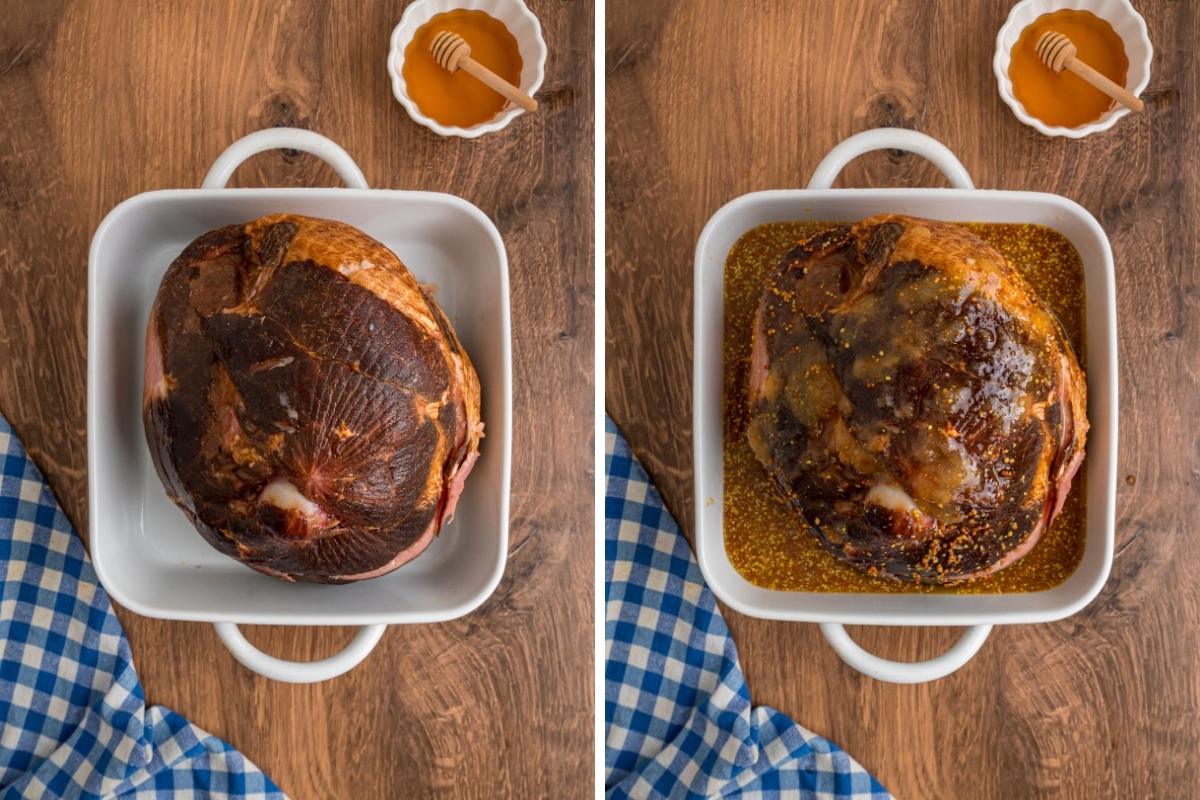 Ham in roasting pan before and after pouring glaze on.
