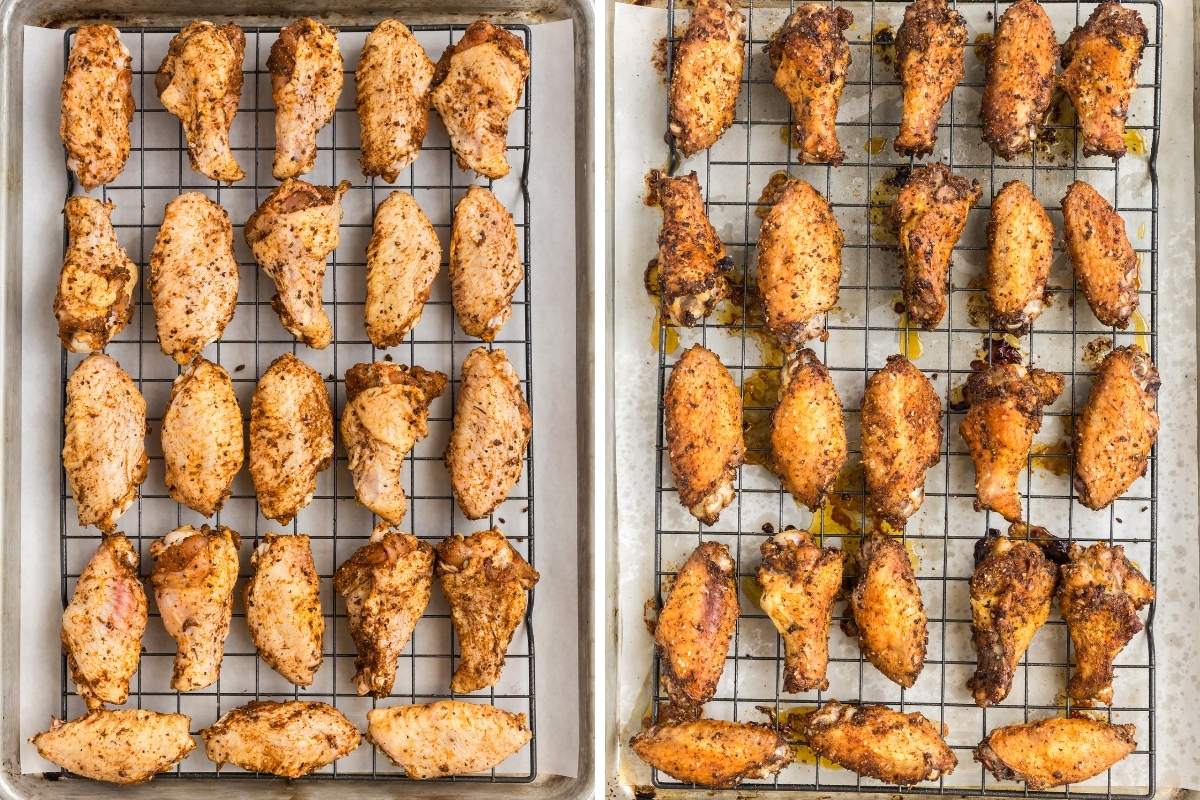 Wings on baking sheet before and after baking.