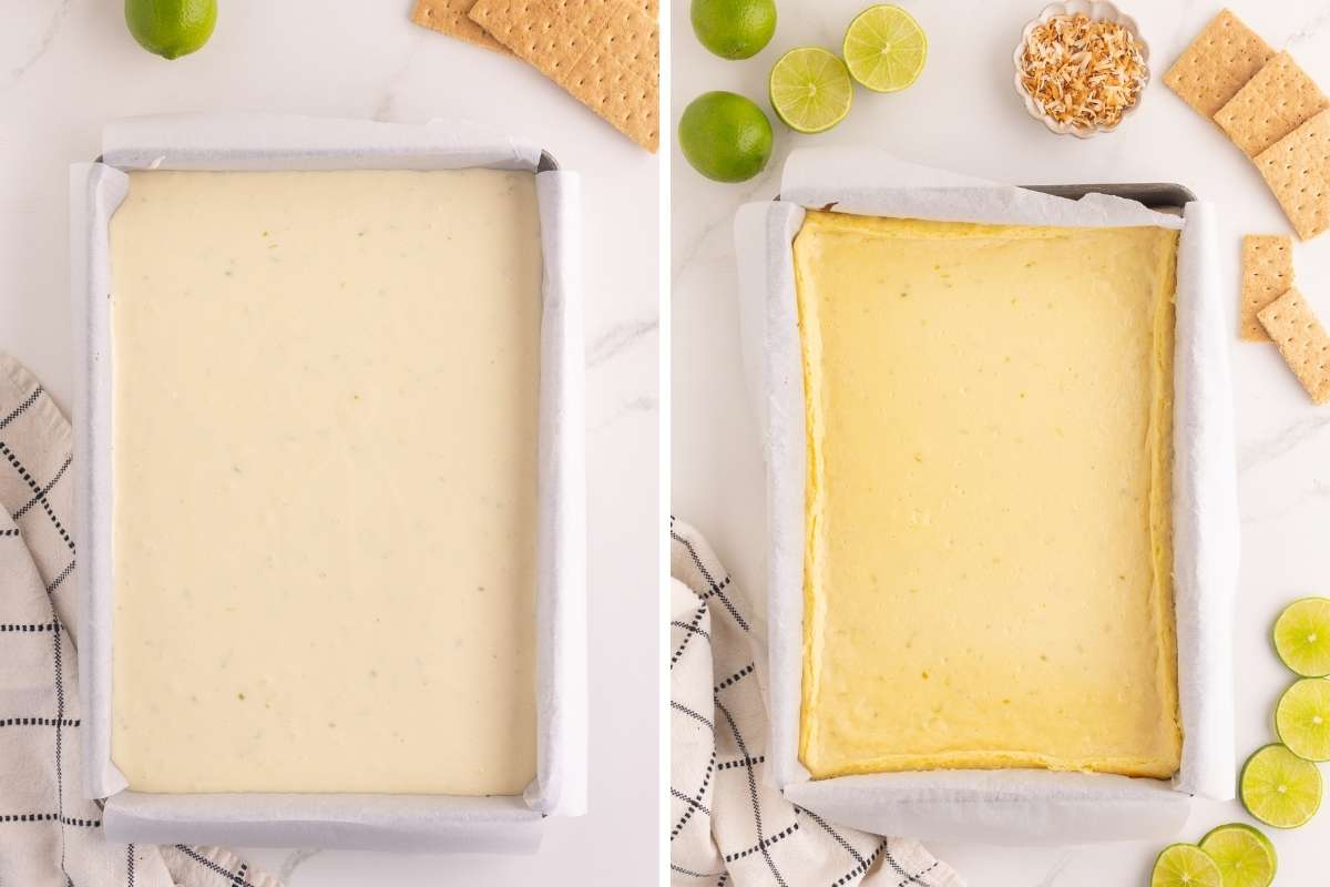 lime cheesecake in rectangular dish before and after baking.