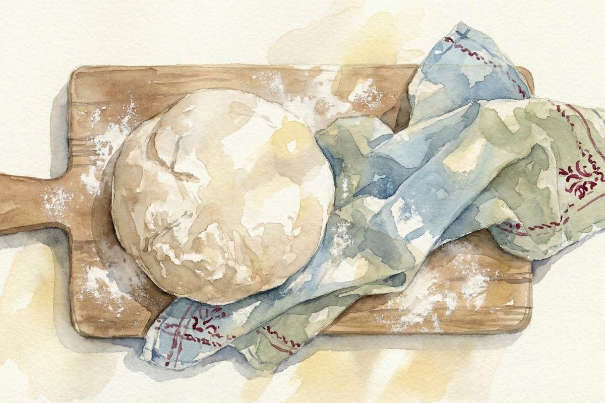 Bread dough and a blue towel sit on a floured wooden cutting board.