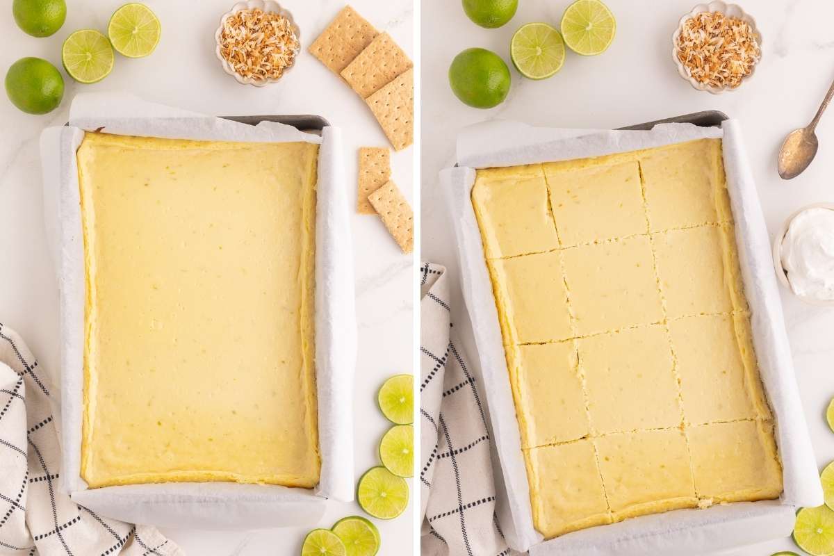cut dish of key lime cheesecake bars.