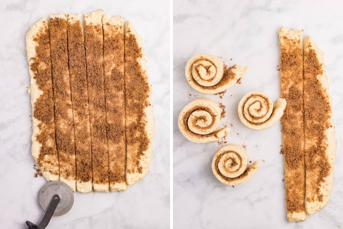 Dough cut into strips and rolled up into buns.