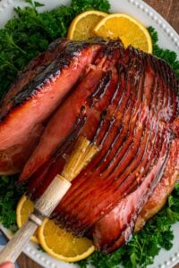 glazed spiral ham overhead view.