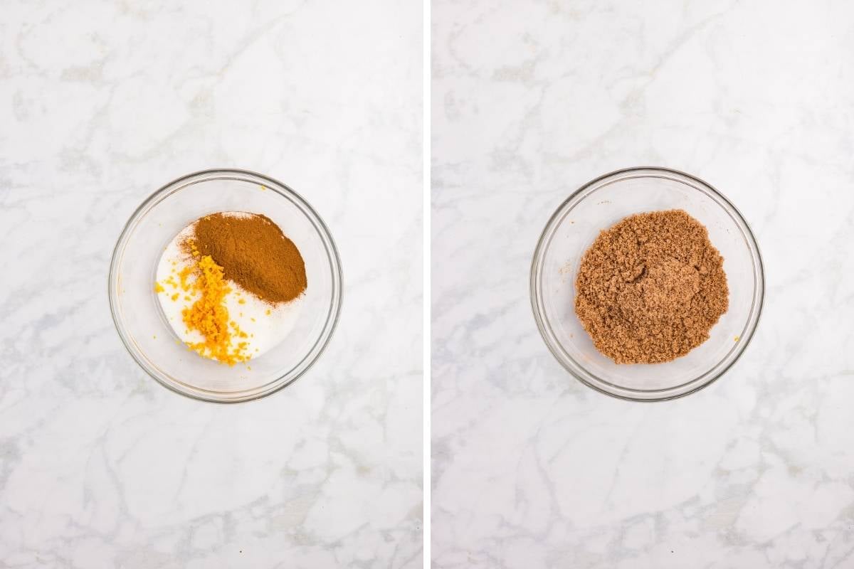 Small bowl with filling ingredients before and after mixing.