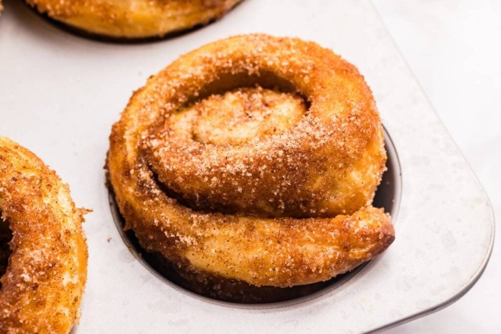 Close-up of a finished sourdough morning bun.