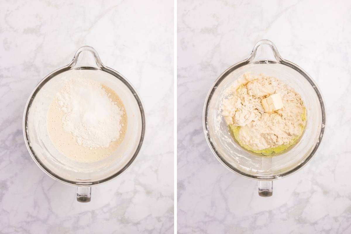 Process shots of adding flour and butter to dough.