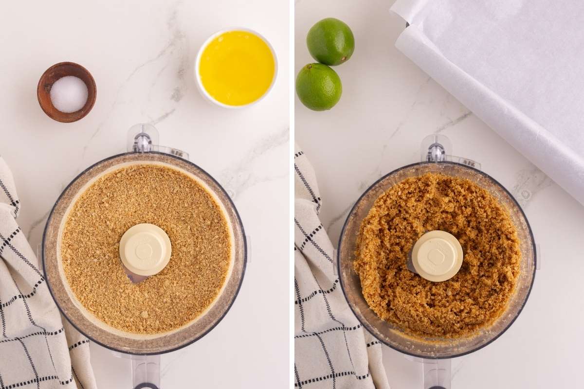 food process before and after combining ingredient for crust.