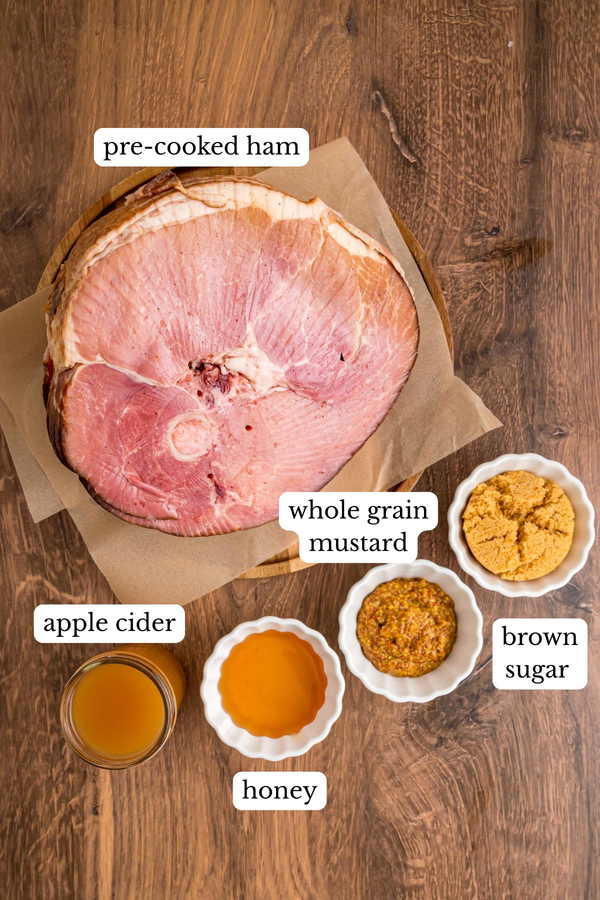 labeled ingredients on wooden counter.